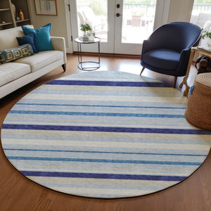 Homeroots 3' Black Ivory And Gray Striped Washable Area Rug - Stylish Indoor Outdoor Design For Any Space 8' Round Polyester 591737