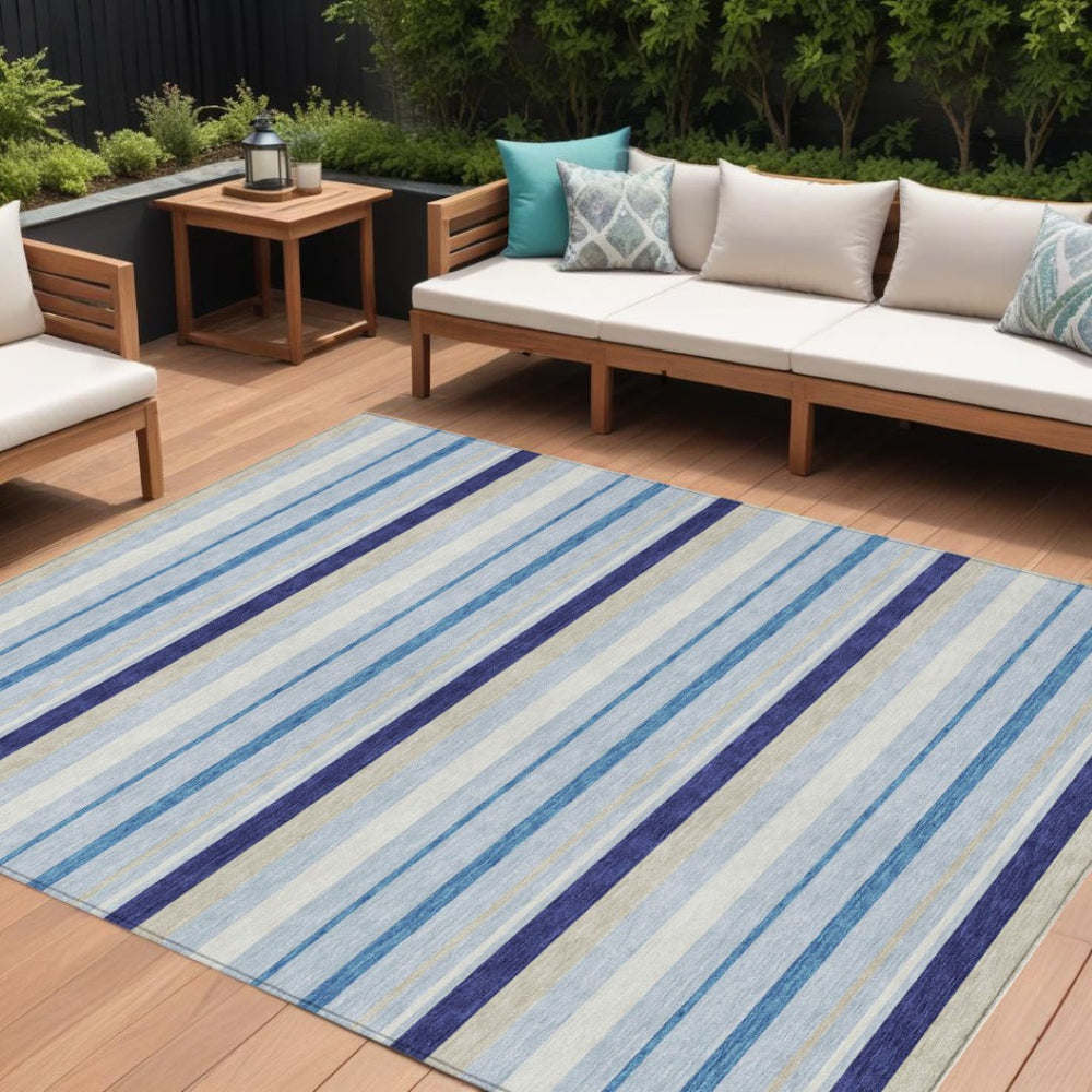 HomeRoots 5' Striped Washable Area Rug in Blue, Purple & Gray – Durable, Stain-Resistant for Indoor & Outdoor Use 8' X 10' 591738