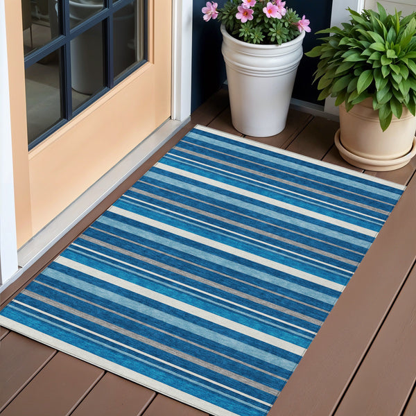 Homeroots 3' Black Ivory And Gray Striped Washable Area Rug - Stylish Indoor Outdoor Design For Any Space 3' X 5' Polyester 591741