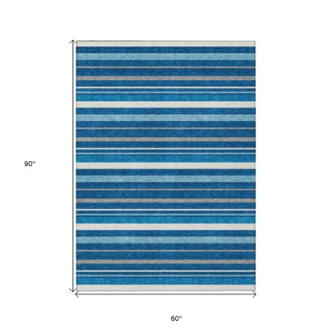 Homeroots 3' Black Ivory And Gray Striped Washable Area Rug - Stylish Indoor Outdoor Design For Any Space 5' X 8' Polyester 591742
