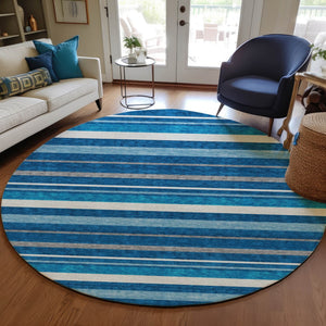 Homeroots 3' Black Ivory And Gray Striped Washable Area Rug - Stylish Indoor Outdoor Design For Any Space 8' Round Polyester 591743