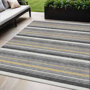 Homeroots 3' Black Ivory And Gray Striped Washable Area Rug - Stylish Indoor Outdoor Design For Any Space 5' X 8' Polyester 591748