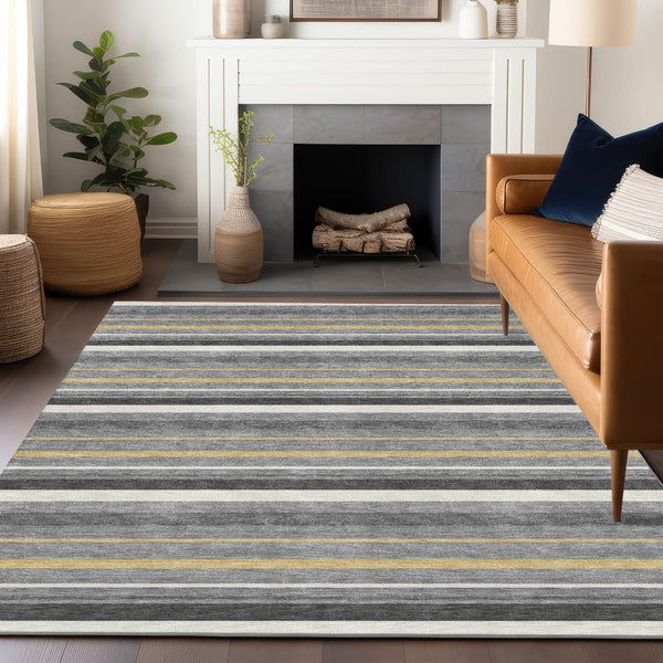 Homeroots 3' Black Ivory And Gray Striped Washable Area Rug - Stylish Indoor Outdoor Design For Any Space 5' X 8' Polyester 591748