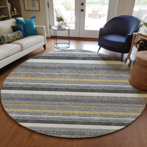 Homeroots 3' Black Ivory And Gray Striped Washable Area Rug - Stylish Indoor Outdoor Design For Any Space 8' Round Polyester 591749