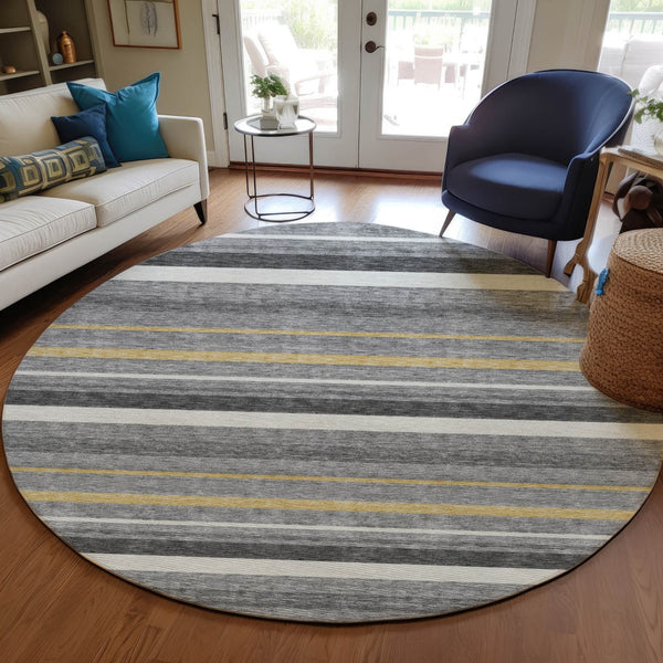 Homeroots 3' Black Ivory And Gray Striped Washable Area Rug - Stylish Indoor Outdoor Design For Any Space 8' Round Polyester 591749