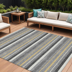 Homeroots 3' Black Ivory And Gray Striped Washable Area Rug - Stylish Indoor Outdoor Design For Any Space 9' X 12' Polyester 591751