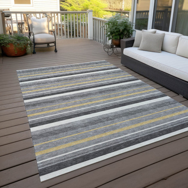 Homeroots 3' Black Ivory And Gray Striped Washable Area Rug - Stylish Indoor Outdoor Design For Any Space 10' X 14' Polyester 591752