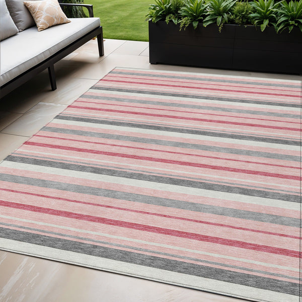Homeroots 3' Black Ivory And Gray Striped Washable Area Rug - Stylish Indoor Outdoor Design For Any Space 5' X 8' Polyester 591754