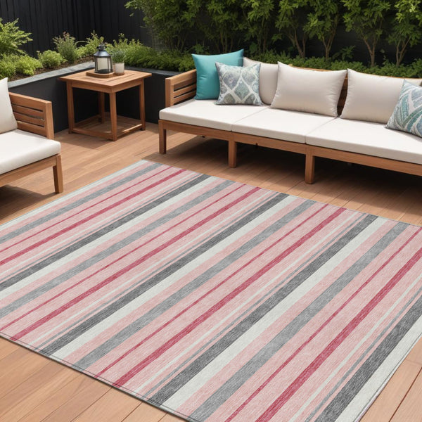 Homeroots 3' Black Ivory And Gray Striped Washable Area Rug - Stylish Indoor Outdoor Design For Any Space 10' X 14' Polyester 591758