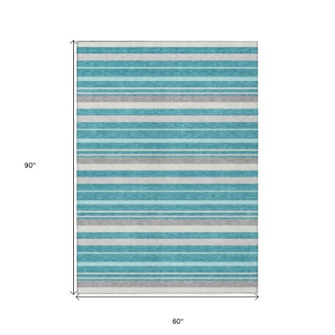 Homeroots 3' Black Ivory And Gray Striped Washable Area Rug - Stylish Indoor Outdoor Design For Any Space 5' X 8' Polyester 591760