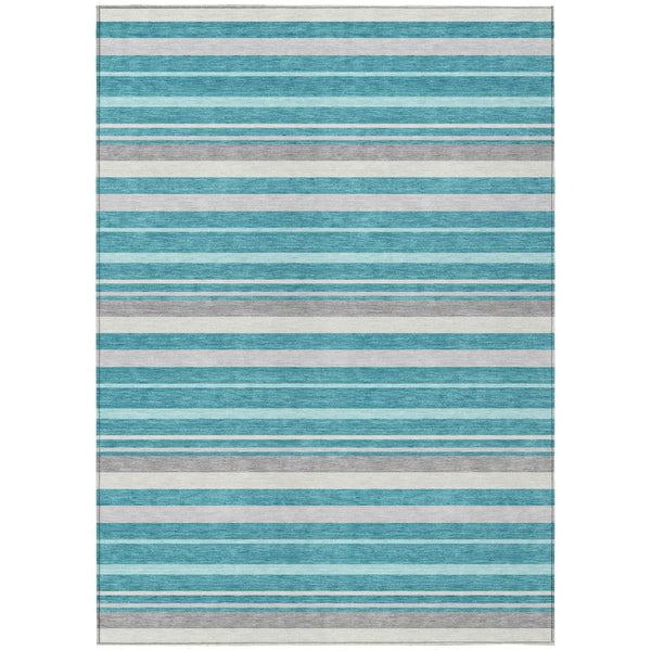 HomeRoots 5' Stylish Teal Blue Gray Ivory Striped Washable Area Rug for Indoor & Outdoor Spaces, Easy Care 5' X 8' 591760