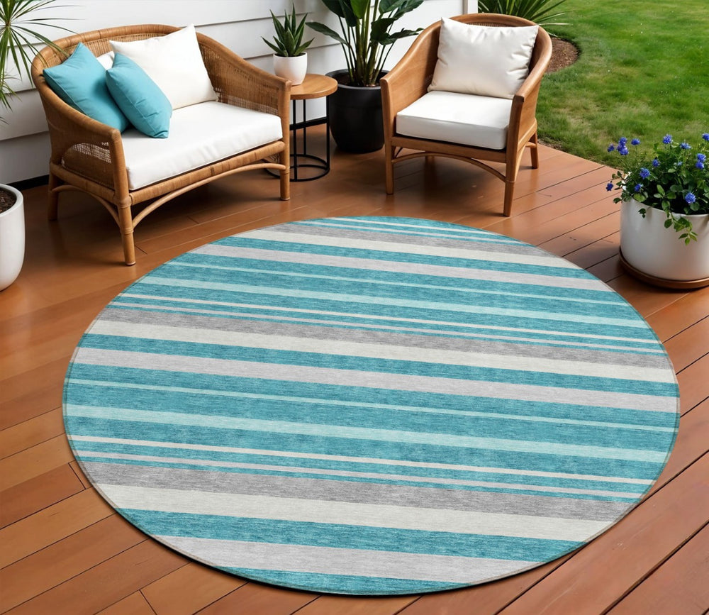 HomeRoots 5' Stylish Teal Blue Gray Ivory Striped Washable Area Rug for Indoor & Outdoor Spaces, Easy Care 8' Round 591761