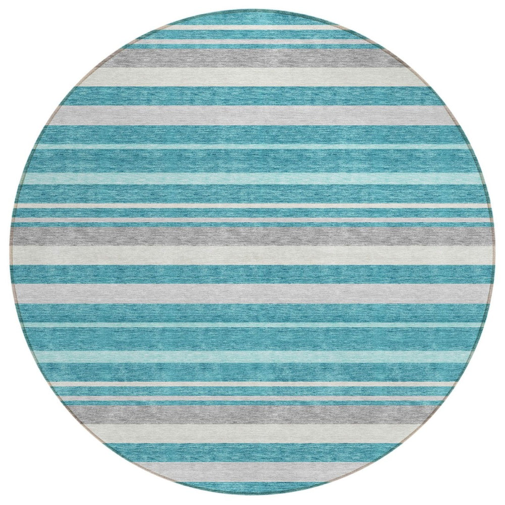 HomeRoots 5' Stylish Teal Blue Gray Ivory Striped Washable Area Rug for Indoor & Outdoor Spaces, Easy Care 8' Round 591761