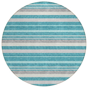 HomeRoots 5' Stylish Teal Blue Gray Ivory Striped Washable Area Rug for Indoor & Outdoor Spaces, Easy Care 8' Round 591761