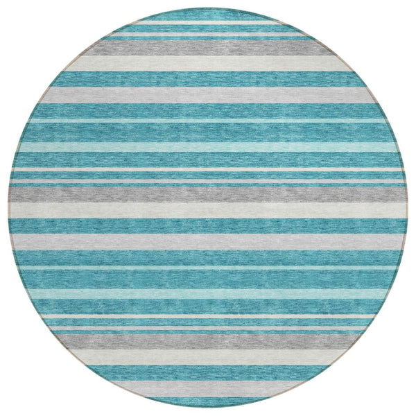 HomeRoots 5' Stylish Teal Blue Gray Ivory Striped Washable Area Rug for Indoor & Outdoor Spaces, Easy Care 8' Round 591761