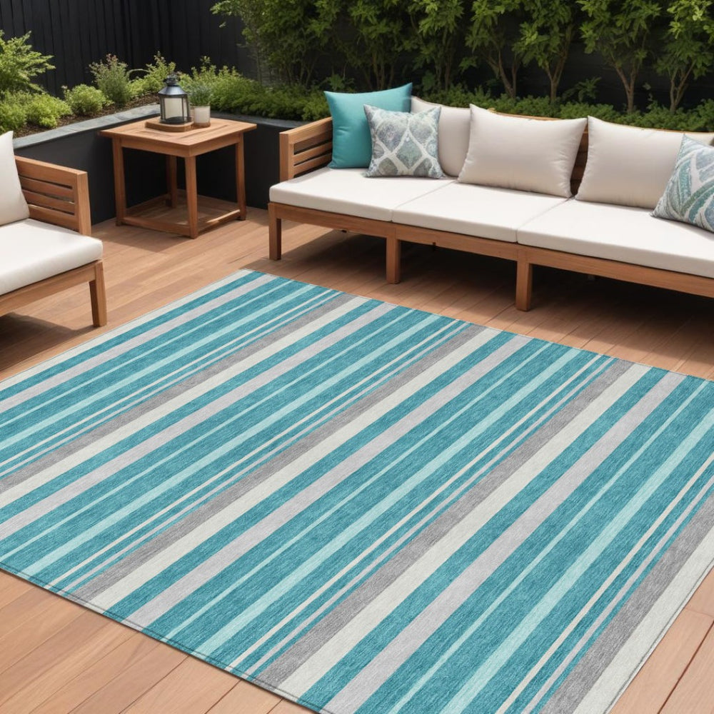 HomeRoots 9' Stylish Teal Blue Gray and Ivory Striped Area Rug for Indoor Outdoor Spaces – Durable & Washable 9' X 12' 591763