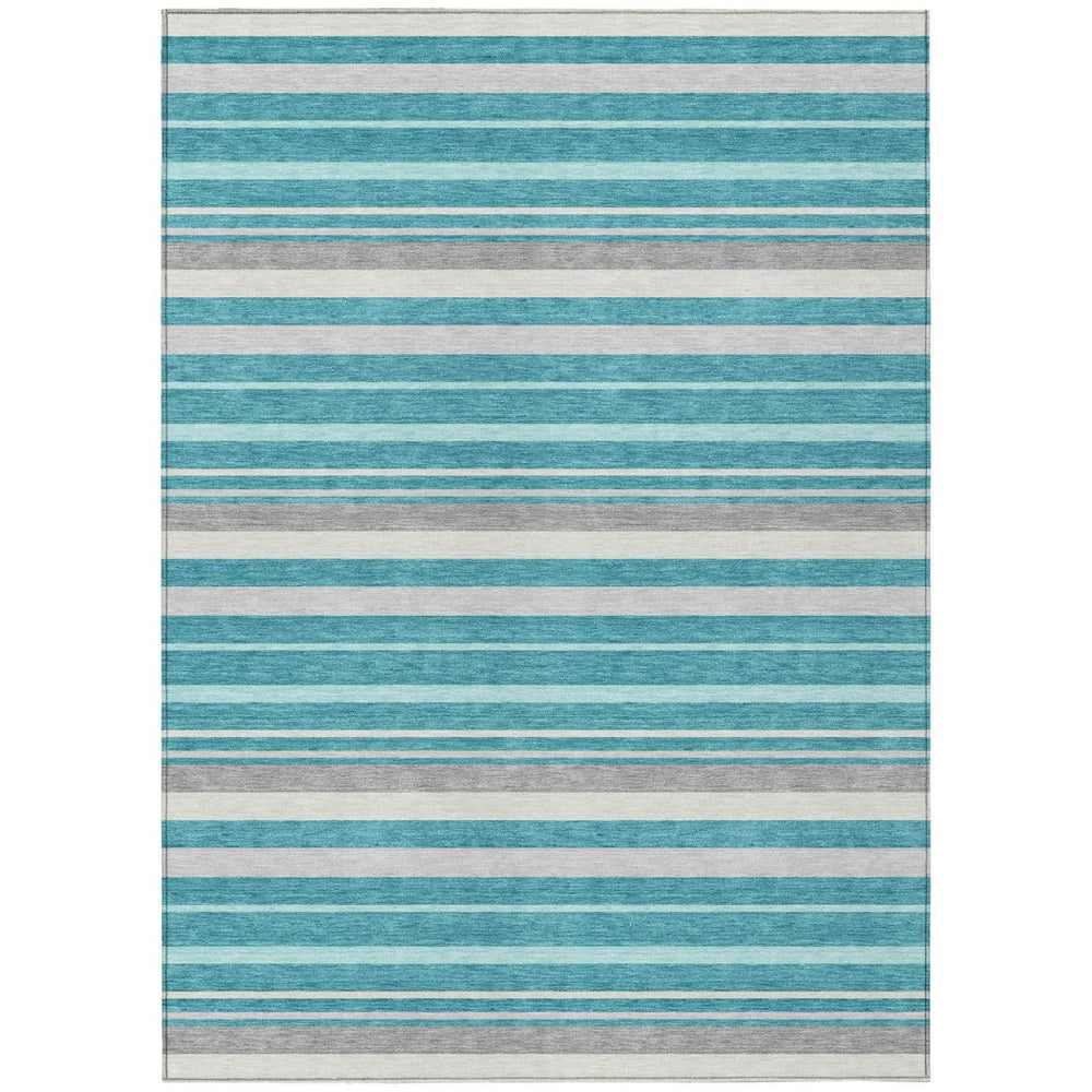 HomeRoots 9' Stylish Teal Blue Gray and Ivory Striped Area Rug for Indoor Outdoor Spaces – Durable & Washable 9' X 12' 591763