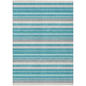 HomeRoots 5' Stylish Teal Blue Gray Ivory Striped Washable Area Rug for Indoor & Outdoor Spaces, Easy Care 10' X 14' 591764