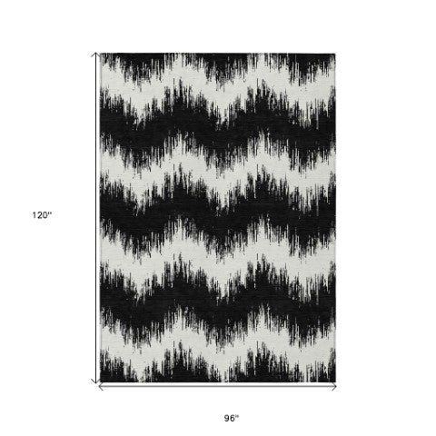 Homeroots 3' Durable Black And Ivory Chevron Indoor Outdoor Area Rug - Stylish, Washable, And Versatile Design 8' X 10' Polyester 591768