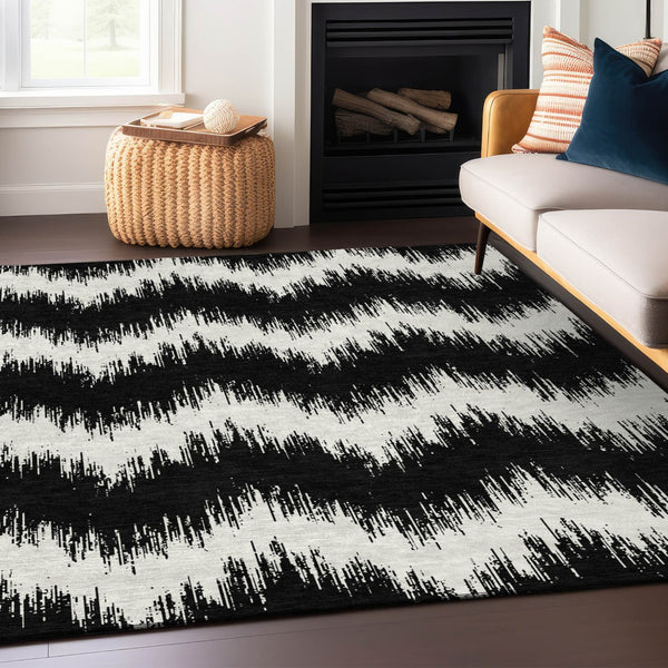 Homeroots 3' Durable Black And Ivory Chevron Indoor Outdoor Area Rug - Stylish, Washable, And Versatile Design 9' X 12' Polyester 591769
