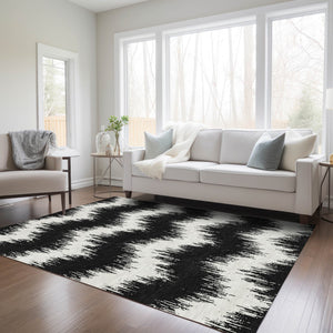 Homeroots 3' Durable Black And Ivory Chevron Indoor Outdoor Area Rug - Stylish, Washable, And Versatile Design 9' X 12' Polyester 591769