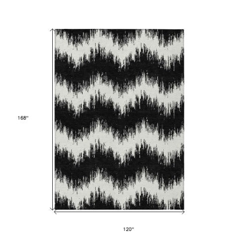 Homeroots 3' Durable Black And Ivory Chevron Indoor Outdoor Area Rug - Stylish, Washable, And Versatile Design 10' X 14' Polyester 591770
