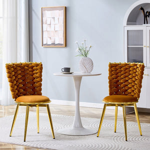 English Elm Set of 2 Velvet Dining Chairs with Braided Rope Backrests and Sculptural Metal Legs Gold,Orange W1512P491450