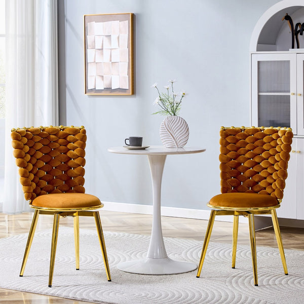 English Elm Set of 2 Velvet Dining Chairs with Braided Rope Backrests and Sculptural Metal Legs Gold,Orange W1512P491450