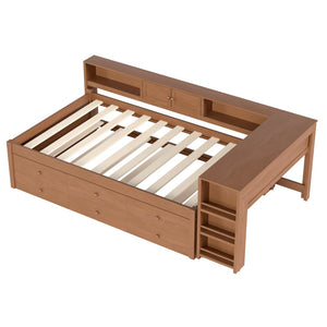 English Elm Twin Daybed Pine Frame with Trundle Desk Hutch Shelves and Storage for Kids Rooms Brown W1580S00459