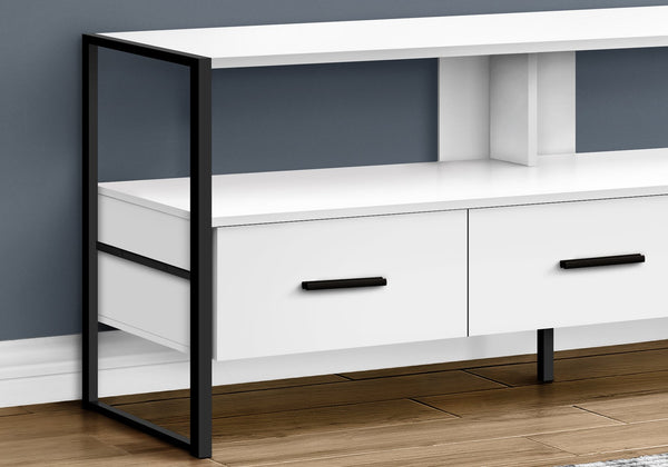 English Elm Tv 48 Inch Console Media Center with Three Glide Drawers, Black Metal Frame, Open Shelves for Cable Management White 51 L x 19 W x 7 H B2710P219091