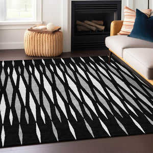 HomeRoots 5' Modern Black, Ivory, and Gray Geometric Washable Area Rug for Indoor and Outdoor Durability 5' X 8' 591856