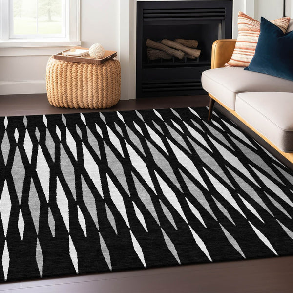 HomeRoots 5' Modern Black, Ivory, and Gray Geometric Washable Area Rug for Indoor and Outdoor Durability 5' X 8' 591856