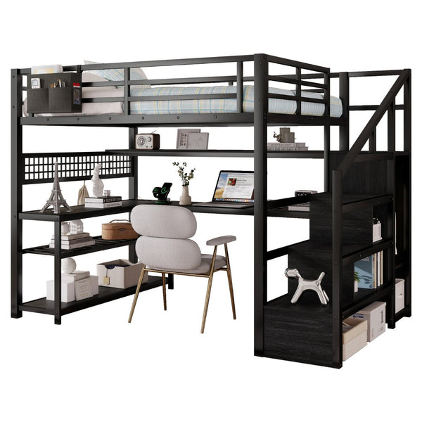 English Elm Full Size Steel Loft Bed with Staircase Storage Wardrobe Desk and Led Lighting Black W2593S00060