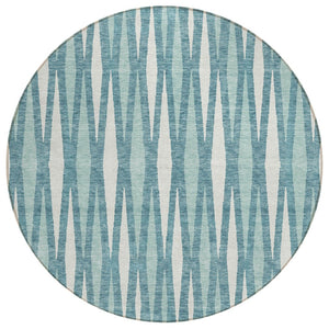 HomeRoots 5' Teal Blue and Ivory Geometric Area Rug - Stylish, Washable Indoor-Outdoor Accent for Any Space 8' Round 591911