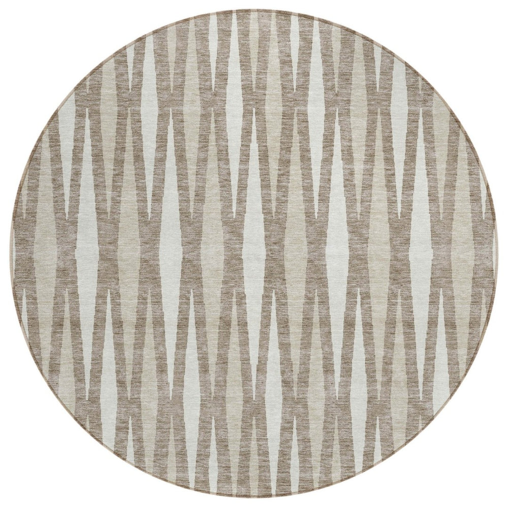 HomeRoots 5' Durable Taupe Beige and Ivory Geometric Washable Area Rug for Indoor and Outdoor Spaces 8' Round 591917