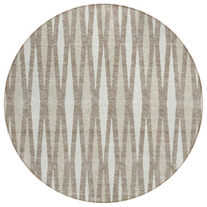 HomeRoots 5' Durable Taupe Beige and Ivory Geometric Washable Area Rug for Indoor and Outdoor Spaces 8' Round 591917