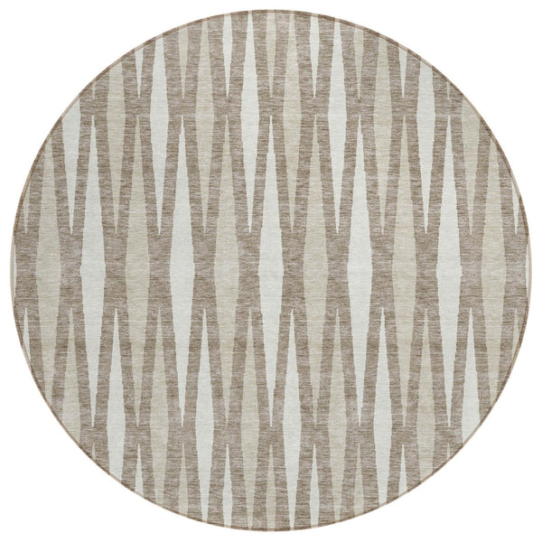 HomeRoots 5' Durable Taupe Beige and Ivory Geometric Washable Area Rug for Indoor and Outdoor Spaces 8' Round 591917