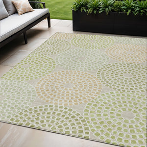 HomeRoots 5' Artichoke Green and Brown Geometric Area Rug - Durable, Washable for Indoor and Outdoor Spaces 5' X 8' 591922