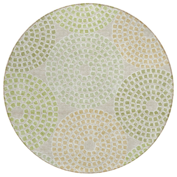 HomeRoots 5' Artichoke Green and Brown Geometric Area Rug - Durable, Washable for Indoor and Outdoor Spaces 8' Round 591923