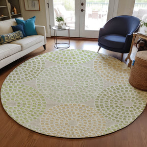 Homeroots 3' Artichoke Green And Brown Geometric Washable Area Rug For Indoor And Outdoor Spaces, Durable Design 8' Round Polyester 591923