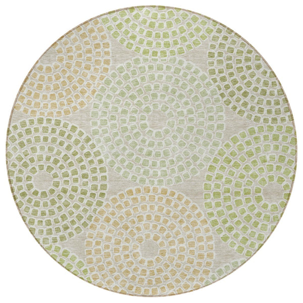 Homeroots 3' Artichoke Green And Brown Geometric Washable Area Rug For Indoor And Outdoor Spaces, Durable Design 8' Round Polyester 591923