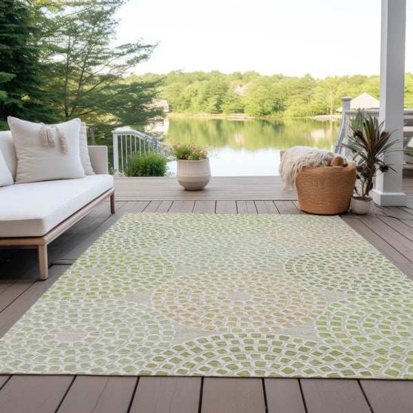 Homeroots 3' Artichoke Green And Brown Geometric Washable Area Rug For Indoor And Outdoor Spaces, Durable Design 9' X 12' Polyester 591925