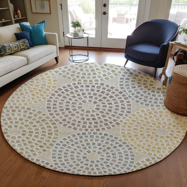 HomeRoots 5' Geometric Area Rug - Durable, Washable Indoor/Outdoor Decor in Beige, Brown & Gray for Versatile Spaces 8' Round 591929