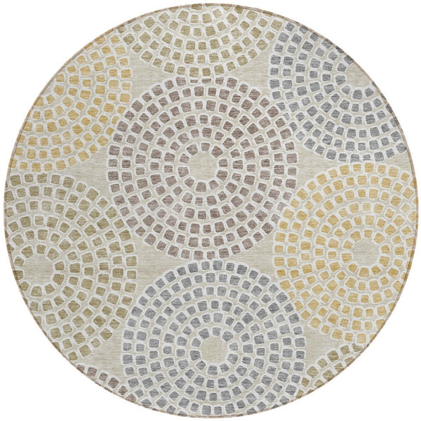 HomeRoots 5' Geometric Area Rug - Durable, Washable Indoor/Outdoor Decor in Beige, Brown & Gray for Versatile Spaces 8' Round 591929