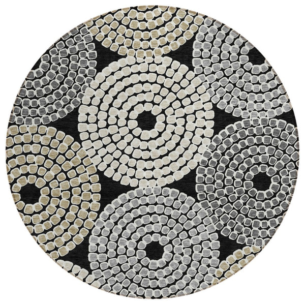 HomeRoots 5' Geometric Black, Gray, and Beige Washable Area Rug for Stylish Indoor & Outdoor Living Spaces 8' Round 591935
