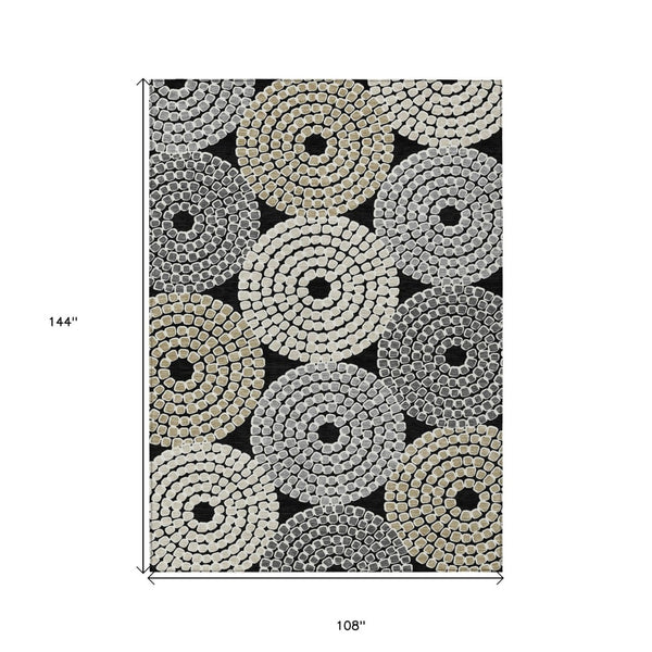 HomeRoots 9' Modern Geometric Area Rug in Black, Gray & Beige - Washable, Durable for Indoor & Outdoor Use 9' X 12' 591937