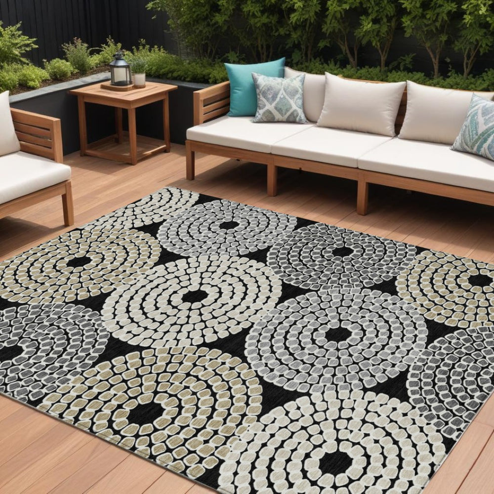 HomeRoots 9' Modern Geometric Area Rug in Black, Gray & Beige - Washable, Durable for Indoor & Outdoor Use 9' X 12' 591937