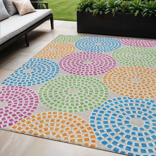HomeRoots 5' Vibrant Geometric Area Rug in Purple, Green & Aqua – Durable, Washable for Indoor & Outdoor Style 5' X 8' 591940