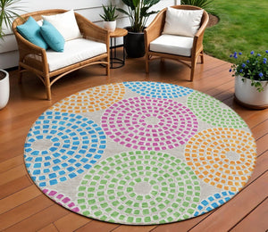 HomeRoots 5' Vibrant Geometric Area Rug in Purple, Green & Aqua – Durable, Washable for Indoor & Outdoor Style 8' Round 591941