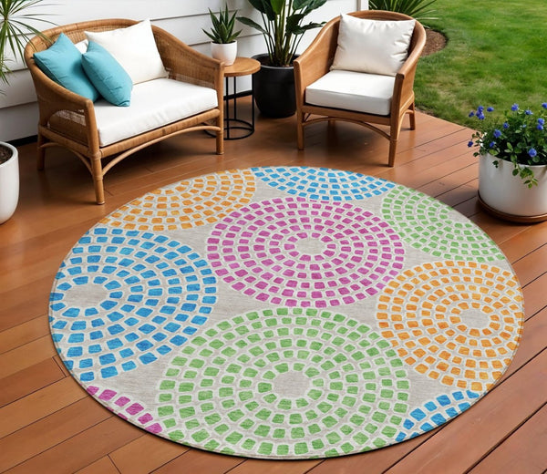 HomeRoots 5' Vibrant Geometric Area Rug in Purple, Green & Aqua – Durable, Washable for Indoor & Outdoor Style 8' Round 591941